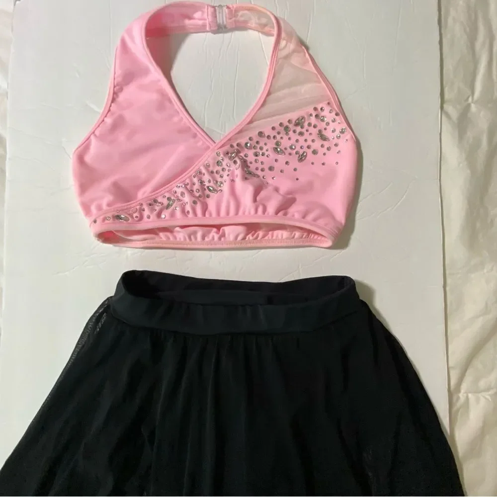 LA dance solo custom pink top 2 piece rhinestoned costume illusion SA adult